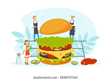 Burger de cocina de equipo de restaurante, personajes de pequeño chef en uniforme y comida rápida de cocina en capó en ilustración de vectores de cocina
