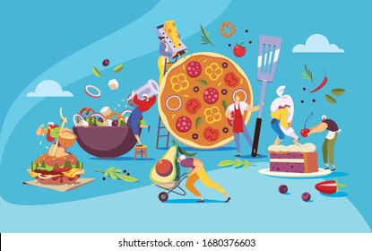 Restaurant team cooking food, pizzeria cafe menu concept, vector illustration. Tiny people cartoon characters cooking huge dishes of Italian cuisine. Pizza, salad, hamburger and cake. Restaurant team