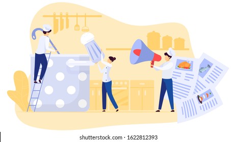 Restaurant team cooking soup in kitchen, recipe instructions, vector illustration. Professional chef in uniform, people cartoon characters. Teamwork cooking food process concept, cookbook meal recipe