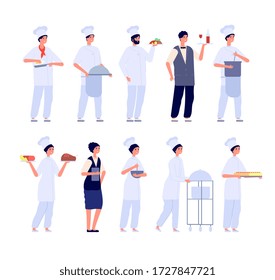 Restaurant team. Food specialist, flat chef and waiter. Isolated cafe manager, friendly staff. Male female cooking, kitchen workers vector set