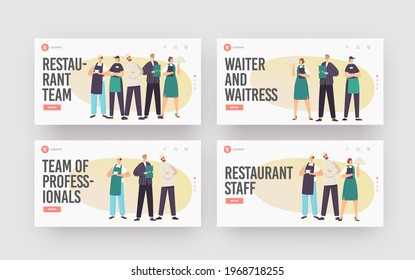 Restaurant Team Landing Page Template Set. Characters in Uniform Demonstrating Menu. Cafeteria Staff Hospitality, Men and Women Waiters, Chef and Administrator. Cartoon People Vector Illustration