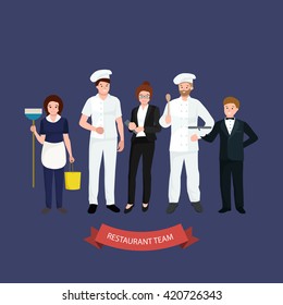 Equipo de restaurante, hombre cocinando chef, gerente, camarero, mujer de limpieza. 