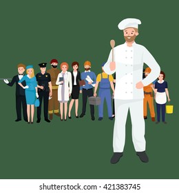 Restaurant team, Occupation Chef man in a white suit and working in cap on his head holding spoon in hand, ready for cooking meals cafe or vector illustration