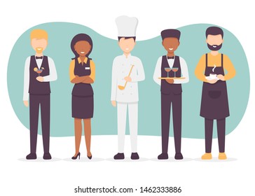 Restaurant team set. Chef cook, manager, waiter, bartender, barista characters. Catering professionals team personages. Flat vector illustration modern design.