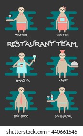 Restaurant team. Sloths in the form of a waiter, barista, chef cooks, sommeliers and manager. Funny characters. Vector illustration on a black background