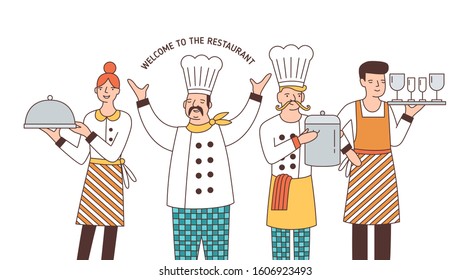 Restaurant team vector illustration. Good service and great food concept. Chief, assistant cook, waiter and waitress cartoon characters. Catering staff, cafe workers isolated on white background.
