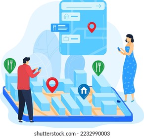 Tecnología de restaurantes para smartphone, ubicación de cafés en aplicación de telefonía móvil por internet, ilustración vectorial. Navegación en el mapa