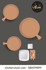 Restaurant template menu. Top view of table with cutlery around