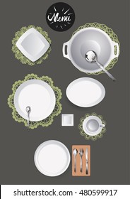 Restaurant template menu. Top view of table with cutlery around