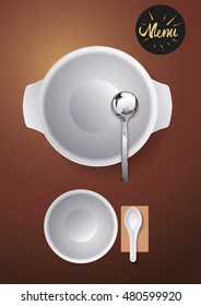 Restaurant template menu. Top view of table with cutlery around