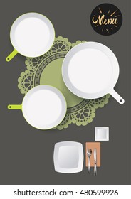 Restaurant template menu. Top view of table with cutlery around