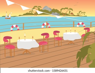 Restaurant Terrace or Balcony on Seashore with Beautiful Sunny Day Sea View. Tropical Ocean Resort Cafeteria or Dining Open Place with Furniture Background. Flat Cartoon Vector Illustration.