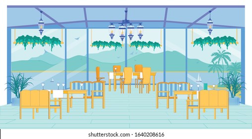 Restaurant Terrace with Panoramic View Pond, Slide. Beautiful View from Restaurant Mountains and Lake. Fashionable Comfortable Furniture Stands on an Open Terrace with Wooden Floor.