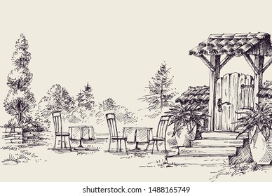 Restaurantterrasse, Skizze, Tischset im Freien