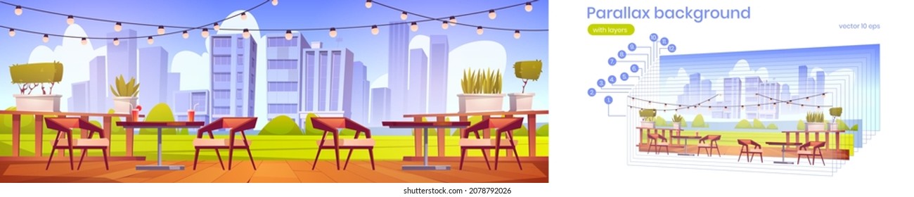 Restaurant terrace with wooden tables, chairs, green lawn and city view. Vector parallax background for 2d animation with cartoon illustration of empty cafe patio with drinks on table and plants