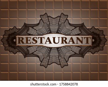 Texto del restaurante dentro de la insignia de chocolate con moneda. Marrón elegante fondo. Ilustración. 