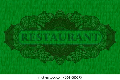Restaurant text inside Guilloche green pasture grass emblem. Eco fashionable background. Illustration. 