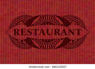 Texto del restaurante dentro de la placa de tela roja de madera de tela realista. Fondo elegante de tela. Ilustración artística. 