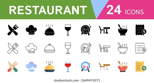 Restaurant theme icon collection. Design symbols of fork knife, chef hat, cloche, wine glass and more.