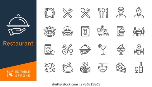 Restaurant thin line icon collection for food delivery, dining menu, chef cafe and catering service concept. Editable stroke. Pixel perfect.