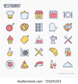 Restaurant thin line icons set: chef, kitchenware, food, beverages for menu or print media. Modern vector illustration.