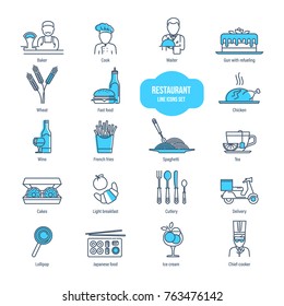 Restaurant thin line icons set. Icons for fast food, drinks, cooking, transportation, food delivery. Employees of restaurant business: baker, cook, waiter, chief-cooker Illustration editable stroke