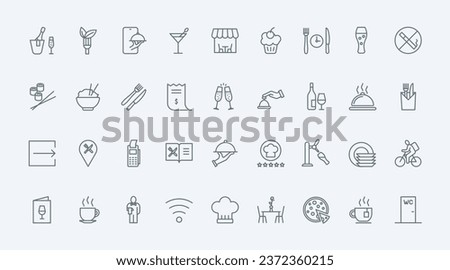 Restaurant thin line icons set vector illustration. Outline pictograms of serving breakfast, lunch or dinner meal and coffee break, online order in smartphone app and food delivery, menu and payment