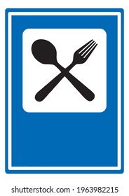 Restaurant , traffic road sign, blue background, isolated object,  fork and spoon, signage , blank  copy space