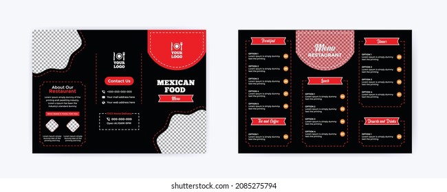 Plantilla de diseño de folletos de entrega de alimentos de folletos de menú de alimentos triplicados para restaurantes. Comida rápida, comida saludable, deliciosa comida, diseño de triplies de postres en plancha de tamaño A4 listo para imprimir.