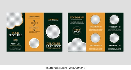 Restaurant trifold food menu pamphlet food delivery brochure design template. Fast-food healthy meal delicious food, dessert trifold design in A4 size print ready template.