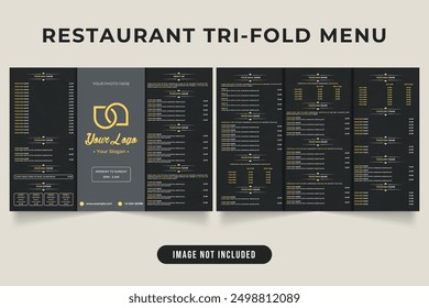 Restaurant trifold menu design with black and yellow color. Modern Restaurant menu with text space and photo placeholders. Restaurant promotional offer and menu vector with price sections.