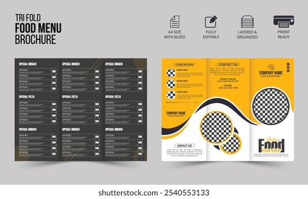 Restaurant trifold menu design. Modern restaurant menu with text space and photo placeholders. Restaurant menu vector with price sections.