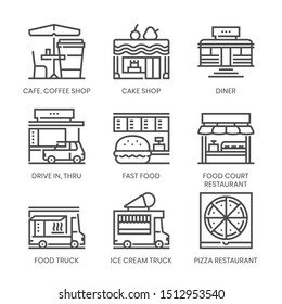 Restaurant types related, square line vector icon set for applications and website development. The icon set is pixelperfect with 64x64 grid. Crafted with precision and eye for quality.