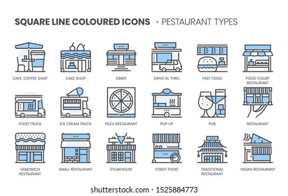 Restaurant types related, square line color vector icon set for applications and website development. The icon set is editable stroke, pixel perfect and 64x64. 