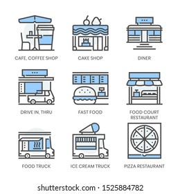 Restaurant types related, square line color vector icon set for applications and website development. The icon set is editable stroke, pixel perfect and 64x64. 