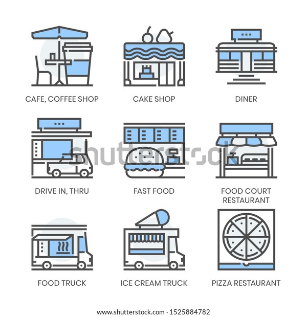 Restaurant types related, square line\
color vector icon set for applications and website development. The\
icon set is editable stroke, pixel perfect and 64x64.\
