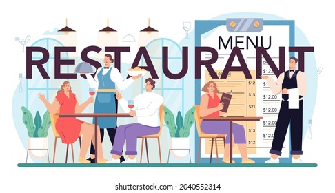 Cabecera tipográfica del restaurante. Mozo con uniforme, servicio de restauración. Aceptación de pedidos y servicio al cliente. Ilustración vectorial aislada en estilo de dibujos animados