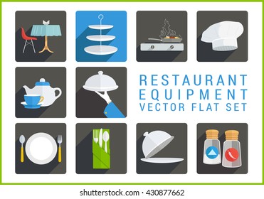 Restaurant utensil flat vector modern icons set. Collection of various catering pictograms