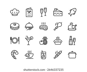 Restaurant Vector Icon Set | Adjustable Line Weight | Chef, menu, cake, steak, cocktail, shrimp, tea, chicken, pot, dish, dessert, cooking, kitchen icons