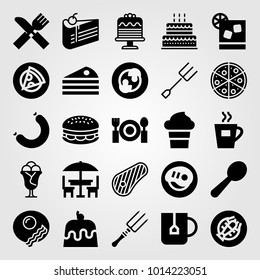 Restaurant vector icon set. birthday cake, breakfast, burger and tea cup