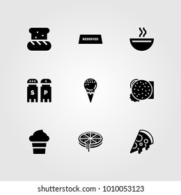 Restaurant vector icon set. burger, salt and pepper, pizza and soup