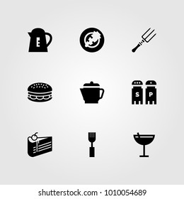 Restaurant vector icon set. burger, salt and pepper, fork and kettle