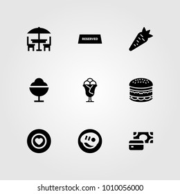 Restaurant vector icon set. burger, terrace, steak and reserved