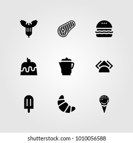 Restaurant vector icon set. cake, sausage, burger and napkins