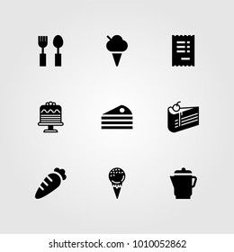Restaurant vector icon set. carrot, cutlery, kettle and invoice