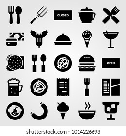 Restaurant vector icon set. check, ice cream, tray and closed