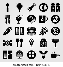 Restaurant vector icon set. chicken leg, juice, menu and sushi