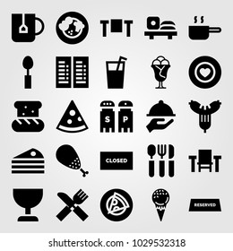Restaurant vector icon set. closed, tea cup, vegetables and favorite