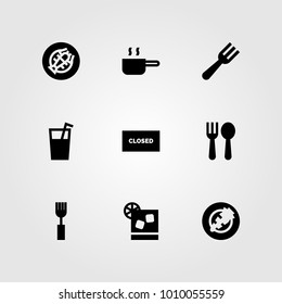 Restaurant vector icon set. cocktail, juice, fork and closed
