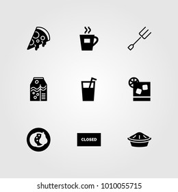 Restaurant vector icon set. cocktail, closed, juice and pizza